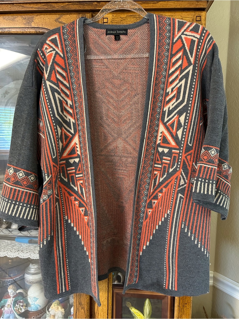 Jealous Tomato Gray, Rust & Cream Geometric Open Cardigan